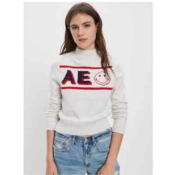 American Eagle Smiley Sweater Size M Logo Mock Neck Lightweight Long Sleeve NEW - Picture 1 of 9